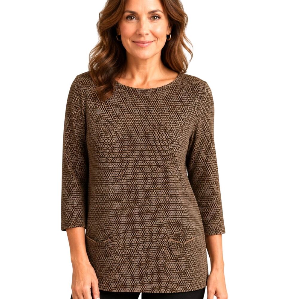 J. Jill Ponte Geo Print Top Womens Small Taupe Black 3/4 Sleeve Pocket Boatneck